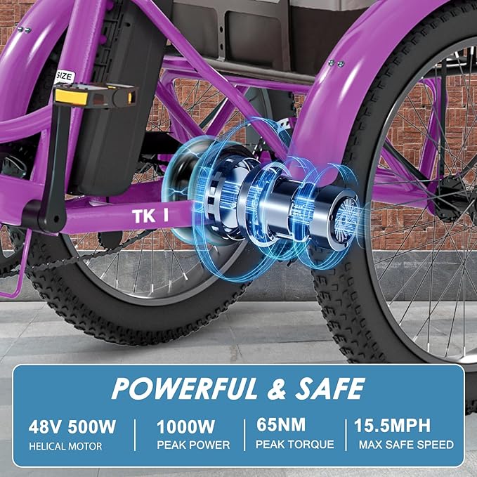 MOONCOOL Folding Electric Tricycle for Adults, 48V 500W 3 Wheels Electric Trike, Aluminum Frame 750W Electric Tricycle Adult Bicycle with Removable Battery, Front and Back Bags