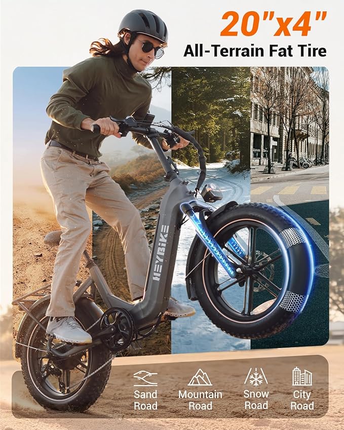 Heybike Ranger 20"x4.0" Fat Tire Folding Electric Bike for Adults, 1200W/1800W Peak Motor, 28/32MPH, up to 55/90 Miles Range, UL2849 Certified Removable Battery for Commute Beach Mountain Snow E Bike