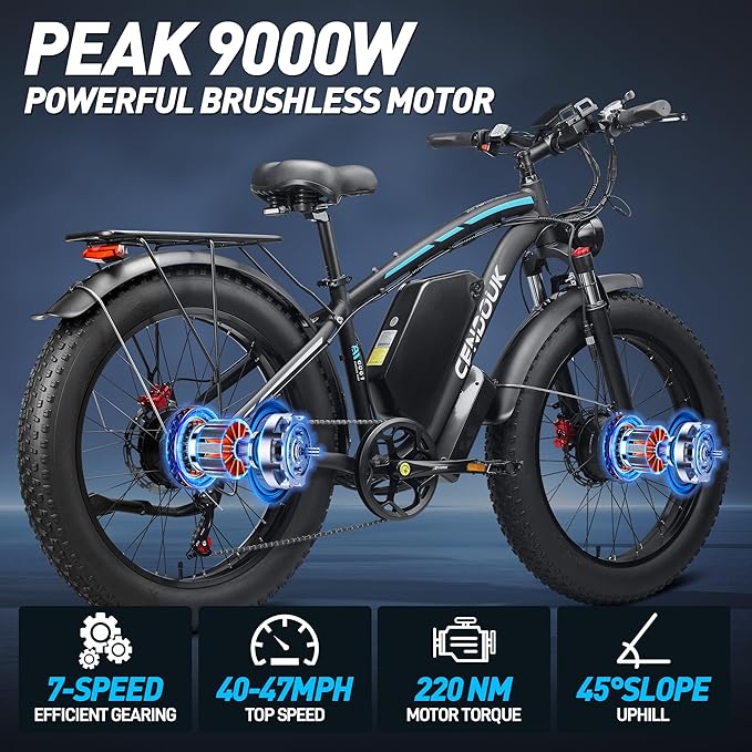 58V Max-Output Dual Motor Ebike, Peak 9000W for Adults 36AH Battery 47MPH 105 Miles Range 24 Inch Fat Tire Electric Bike LCD Display for Man Women