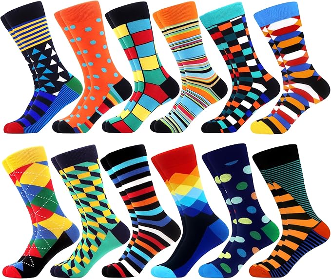 WeciBor Men's Dress Funny Crazy Colorful Novelty Combed Cotton Crew Socks 12 Pack - Size 7-10/10-13/13-15