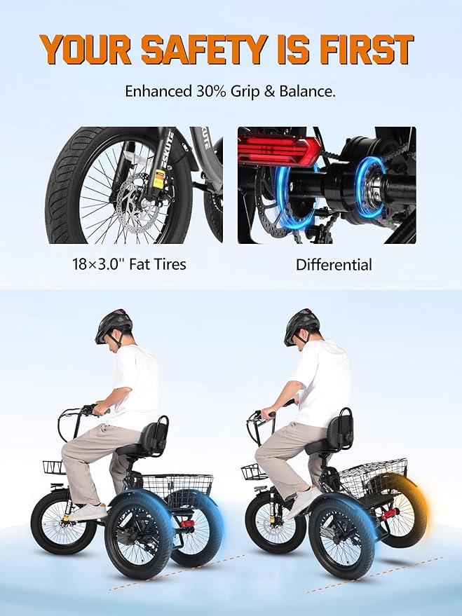 ESKUTE E Trike Electric Bike, Peak 1200W Brushless Motor Folding Trike 18X3.0 Fat Tire Ebike, 624Wh Removable Battery, Step-Thru 3 Wheel Electric Bicycle, Up to 55 Miles, 18MPH+ Tricycle for Adults