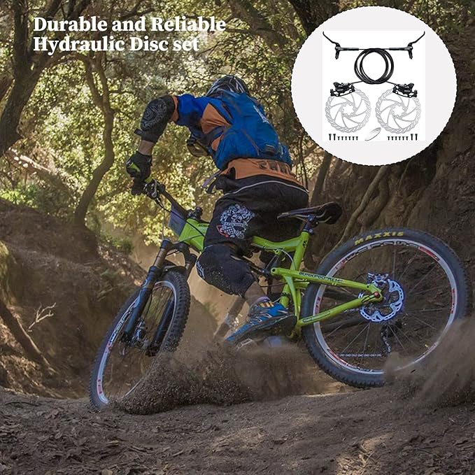 RUJOI MTB Hydraulic Disc Brakes Set, Mountain Bike Left Front 800mm Brake Aluminum Alloy Levers with Calipers PM/is Adapter and 160mm rotor Fit E-Bike(Pred Bled/Pads Included)