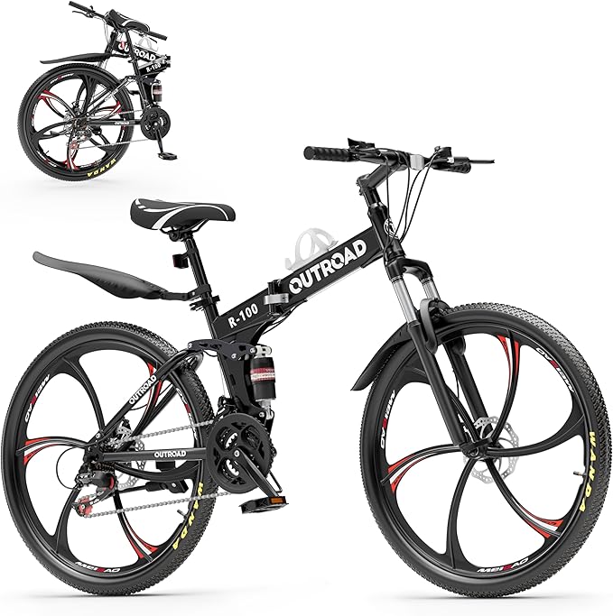 26 Inch Adult Folding Bikes/Mountain Bikes, 21 Speeds Mountain Bicycles with Full Suspension, Dual Disc Brake, High Carbon Steel Frame, Foldable Bike for Men/Women/Teen, Multiple Colors