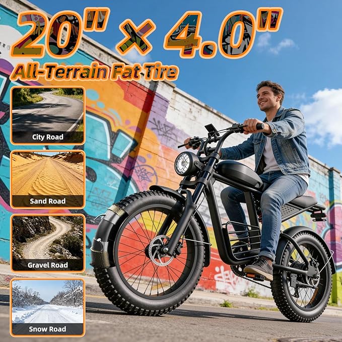 20" Electric Bike for Adults with 1000W/1600W/3000W Peak Dual Motor,Max Speed 33-37MPH,Up to 60Miles,Moped ebikes with 20/35Ah Battery,Shipped from USA Warehouse