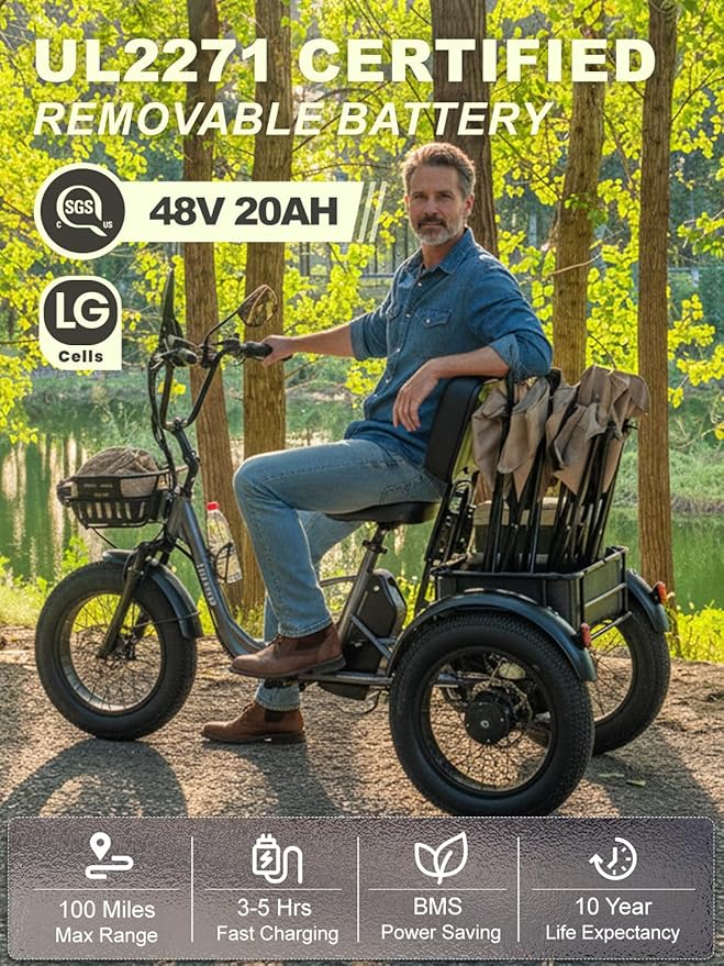 Folding Electric Tricycle for Adults 2 Seater, 22MPH 100 Miles 4" Wide Fat Tire Electric Trike, 3 Wheel Electric Bike 1200W, 48V 20AH Battery, 550LBS Load, Reverse, Parking, Differential, UL Certified