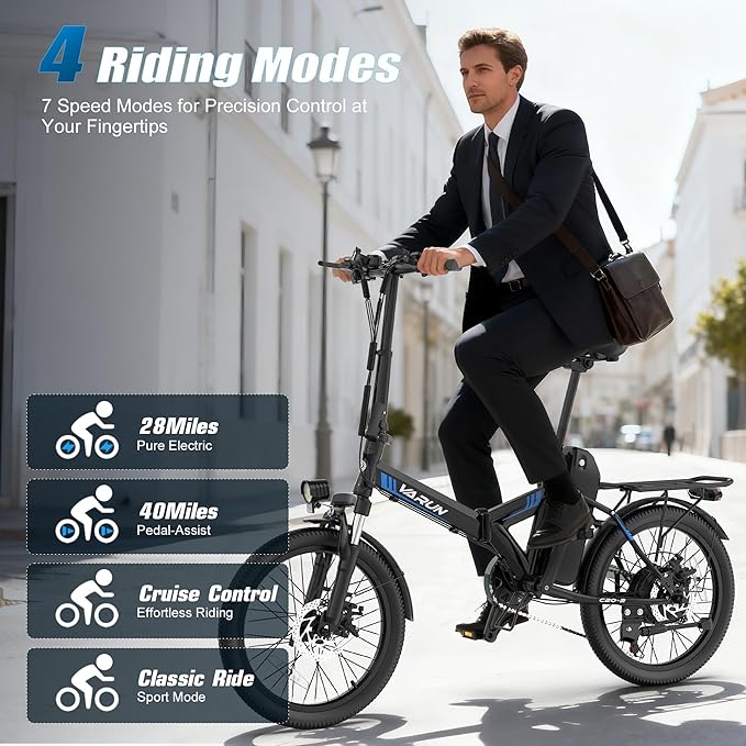 VARUN Electric Bike - Peak 500W Folding Ebike for Adults, 36V Removable Lithium Battery, 20" Foldable Electric Bicycle Up to 40 Miles 20MPH, Compact Commuter E-Bike for Women & Men