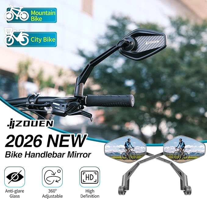 Handlebar Bike Mirror, Bicycle Rear View Mirrors, Scratch Resistant Convex HD Glass, Carbon Fiber Housing, Safe Bike Rearview Mirror for MTB, E-bike, Road Bike Accessories, Fit 20-23mm