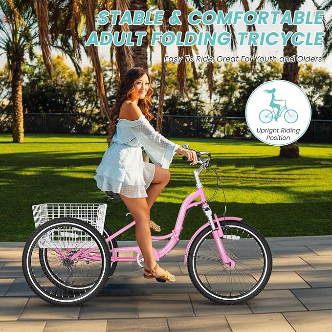 LILYPELLE Adult Folding Tricycles, 7 Speed Folding Adult Trikes, 20/24/26 inch 3 Wheels Bikes with Low Step-Through, Large Basket, Foldable Tricycle for Adults, Women, Men, Seniors