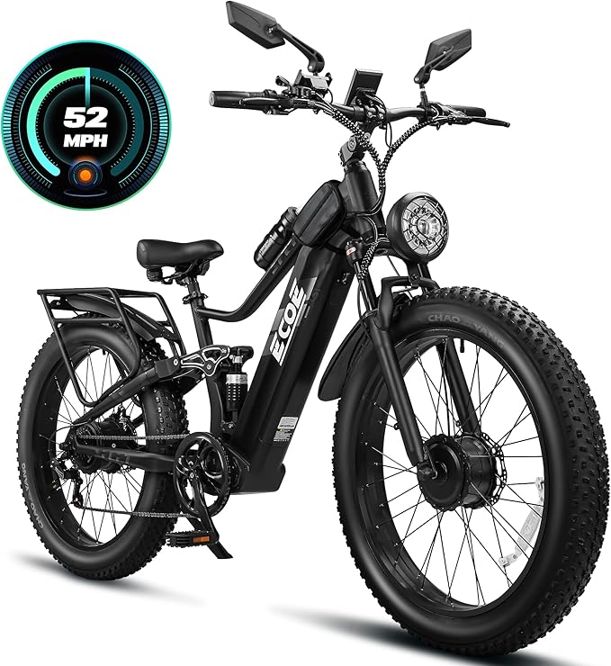 EcoE 6000/7000W Dual Motor Electric Bike for Adults 52MPH Charge Voltage 63 V32A, 26x4 Fat Tire All Terrain Ebikes, Full Suspension E Bike, SHM 7-Speed Gear Electric Bicycle