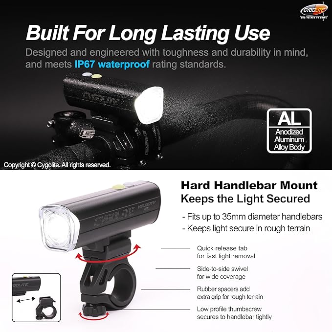 Cygolite Velocity 1600, 1200, 1000, 800 Lumen USB-C Bike Lights – Anodized Aluminum Alloy – 9 Light Modes – Fine Tunable Brightness - Compact, IP67 Waterproof – Hard Mount – Road & Mountain
