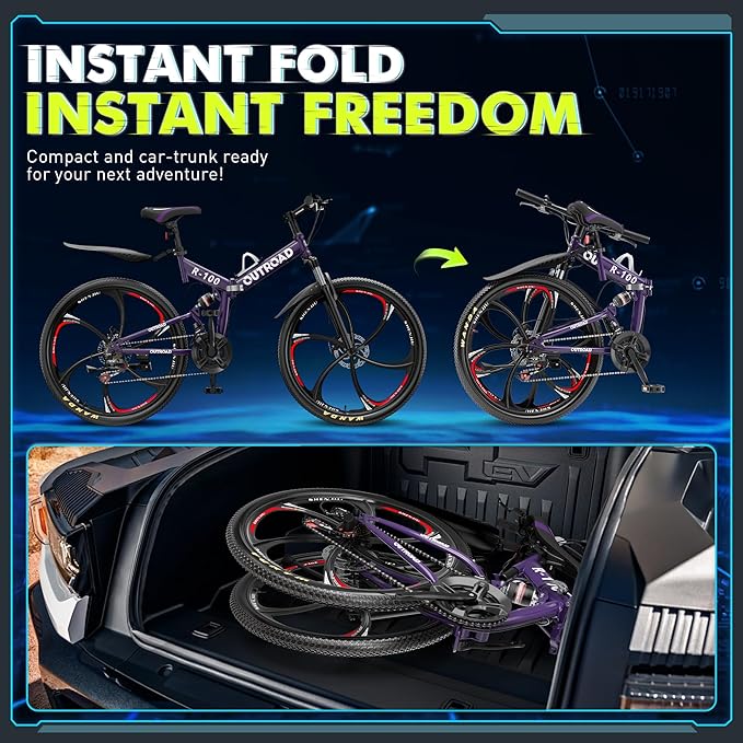26 inch Folding Mountain Bike, Carbon Steel Frame and 21 Speed, Double Disc Brake and Dual Suspension Folding Bike for Adults/Men/Women, Easy Assembly Bicycle(Black/Green/Orange)