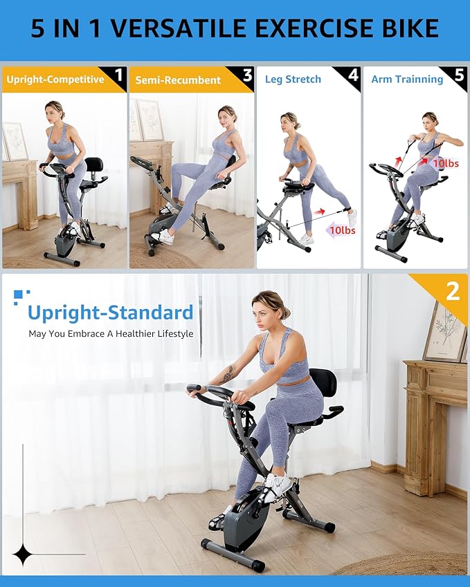 Folding Exercise Bike for Seniors, 5 IN 1 Foldable Stationary Bike with Tri-Position Ride, 300LBS Capacity and 6.6 LBS Magnetic Flywheel, Designed for Home Workout
