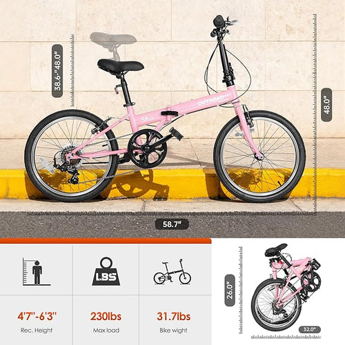20 inch Folding Bike,7 Speed Lightweight City Commuter,Foldable Bike for Adults with Aluminum Frame Step Through Collapsible Bike for Women Men Seniors(Black/White/Blue/Pink)