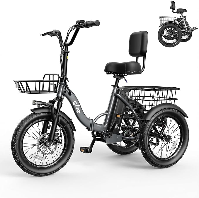 Qlife Triker Electric Bike, Peak 750W/1200W Brushless Motor Folding Trike Ebike, 499Wh Removable Battery, Step-Thru 3 Wheel Electric Bicycle, Up to 55 Miles, 20 Tire Tricycle for Adults