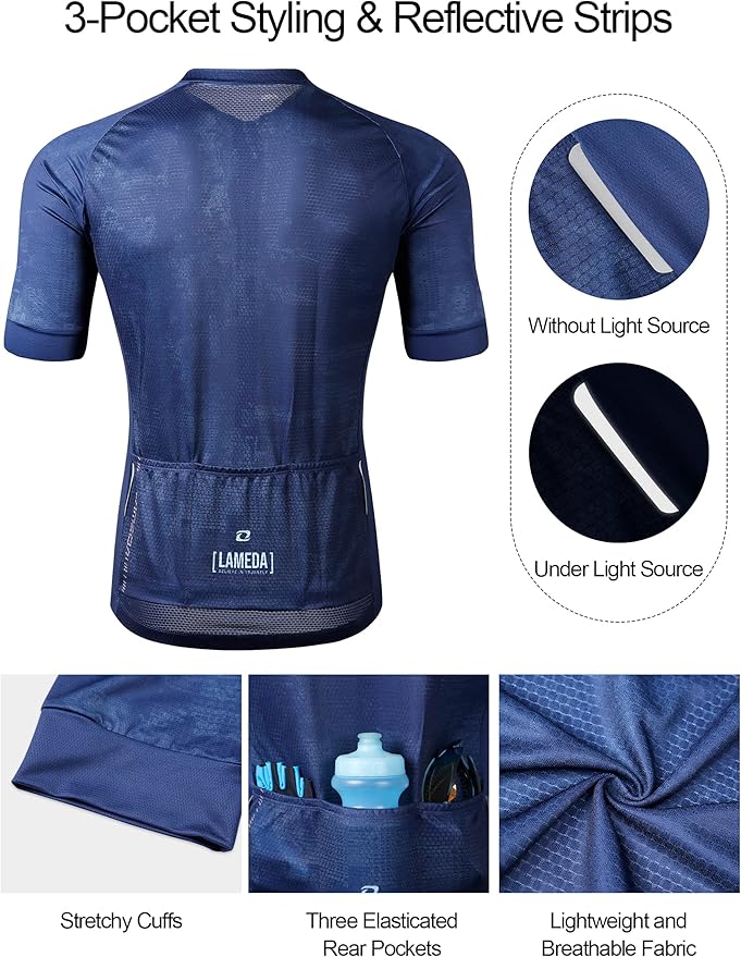 LAMEDA Men's Cycling Jersey Breathable Lightweight Short Sleeve Elastic Pro Road Bike Shirt Full Zip
