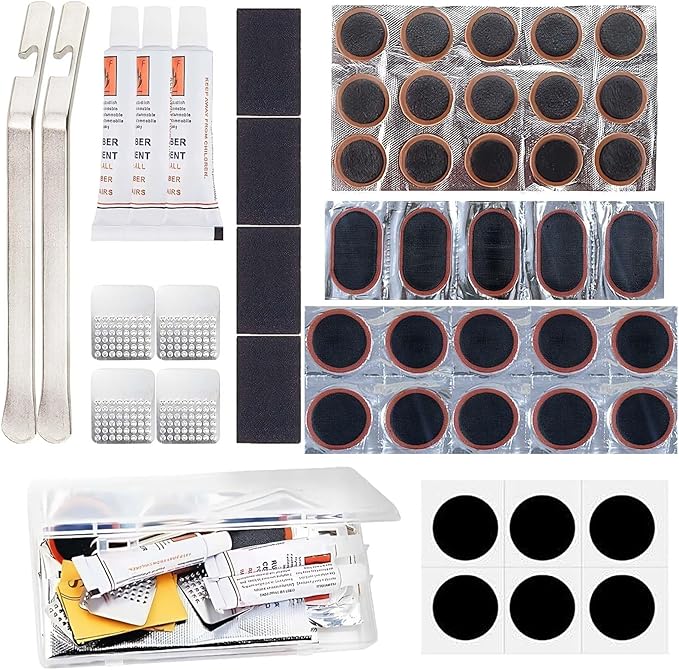 Bike Tire Repair Kit 50 PCS with 30 Vulcanizing Patches, Stainless Steel Tire Levers, Metal Files & Sandpaper, Portable Bicycle Inner Tube Puncture Patch KitMountain, Commuter Bikes