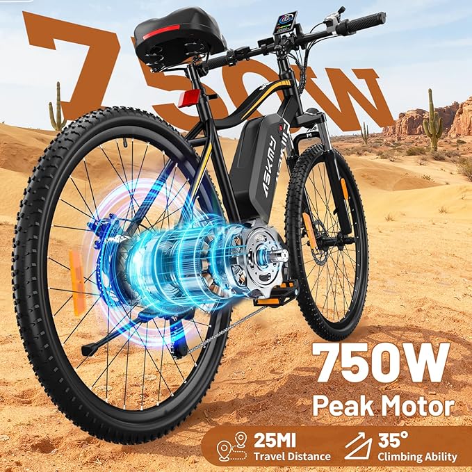 Electric Bike for Adults 750W Peak Motor, 26 Inch Mountain E-Bike with 48V Removable Battery, 7-Speed, Front Fork Suspension, Commuter Electric Bicycle with 25MPH and 40-55Miles PAS Range
