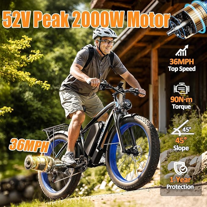 Ebike for Adults Electric, 52V 19.2Ah/32Ah, Peak 2000W/2500W E-Bike, 36/40MPH, 70 Miles/100Miles, Hydraulic Disc Brake, Off Road Snow Mountain E-Bike, 24"/26" Fat Tire Electric Bicycle UL2849 by SGS