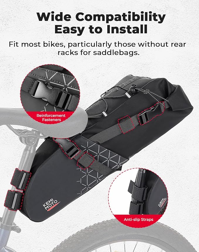 KEMIMOTO Bike Saddle Bag, Bike Seat Bag Expandable 11L-13L Fully Waterproof Bikepacking Pouch, Night Safety Reflective Strips, Bicycle Seat Bag With PVC Reflective Panel Max