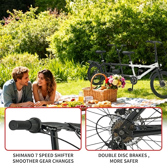 Folding Tandem Bike,20 Inch 7-Speed Two Person Bicycle, High Carbon Steel City Beach Cruiser with Dual Disc Brakes, Adjustable Seat Height, Portable 2-Seater Bike for Travel