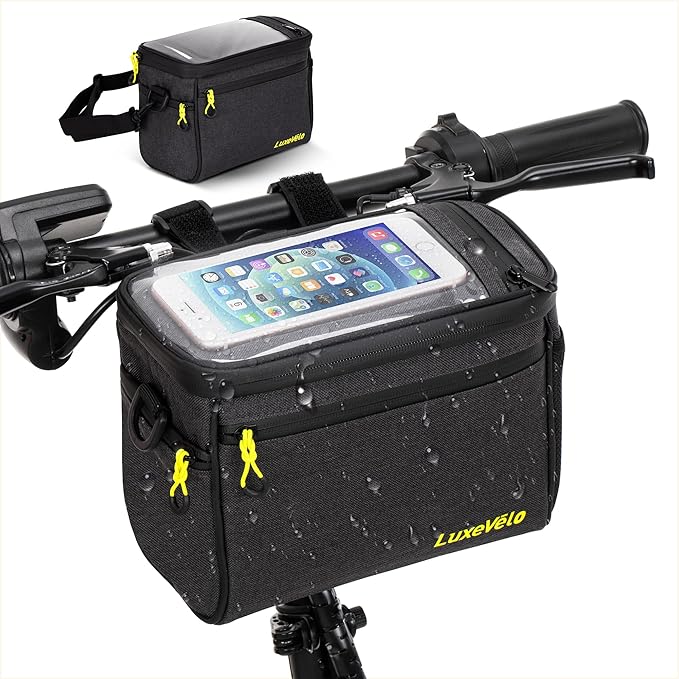Bike Handlebar Bag Waterproof Front Bicycle Basket Bag 5L Storage Bag with Touch Screen Shoulder Strap, Mesh Pockets, Shoulder Strap,Waterproof Zipper