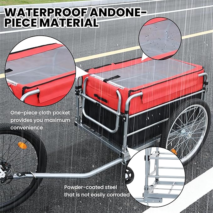 Aluminum Bike Cargo Trailer - 20" Wheel Folding Bicycle Trailer with Removable Oxford Fabric Cover, Safe Hitch System for Bike, Groceries & Travel