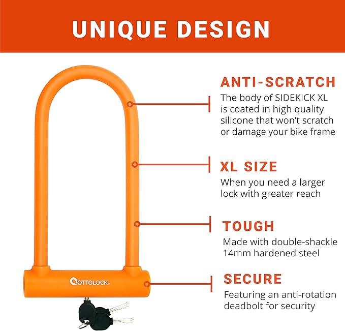 OTTOLOCK Sidekick XL Full-Size U-Lock - Heavy Duty Anti Theft Bicycle U-Lock with Keys, Silicone-Coated, Bike Accessories, Orange