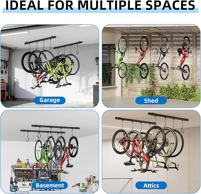 Urban Deco Ceiling Mounted Bike Rack for Garage, Indoor Metal Bike Hanger with 8 Adjustable Ceiling Hooks Hold 4-8 Bikes, Space-Saving Garage Bike Storage for Storing Bike (2-Piece Set)