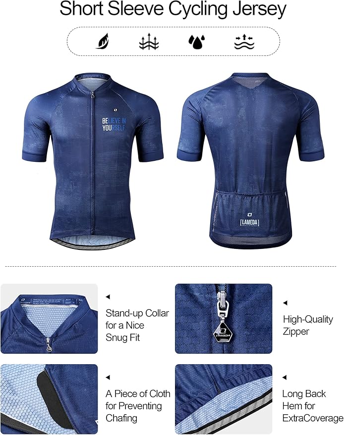 LAMEDA Men's Cycling Jersey Breathable Lightweight Short Sleeve Elastic Pro Road Bike Shirt Full Zip