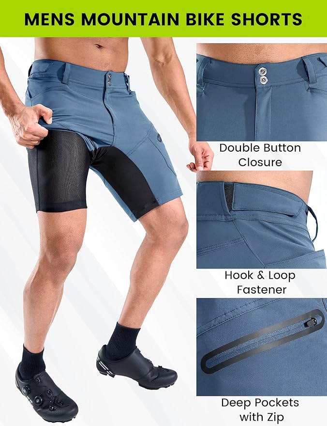 Nepest Mens Mountain Bike Shorts 3D Padded MTB Bicycle Riding Cycling Short Padding Liner Baggy Quick Dry,Zip Pockets