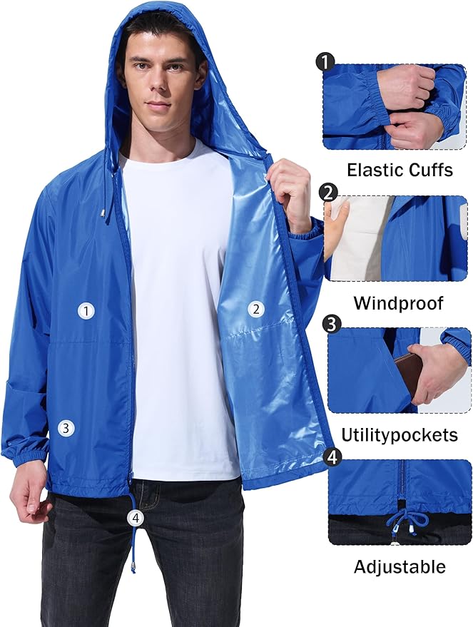 Mens Rain Jacket Raincoat Windbreaker Running Waterproof Lightweight Packable with Hood Travel Hiking Cycling