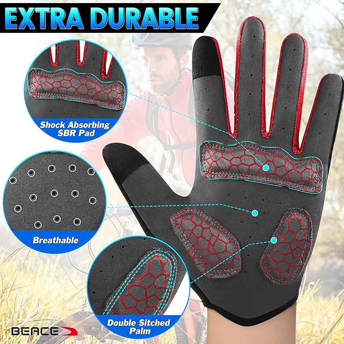 BEACE Cycling Gloves for Men Women - Full Finger Mountain Bike Gloves With Touch Screen and Anti-Slip Silicone Palm - Workout and Road Bicycle Gloves