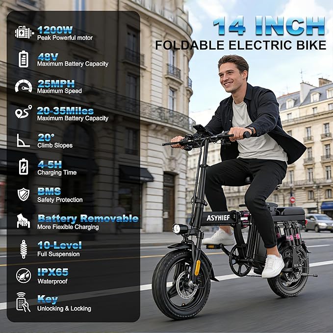 1200W Folding Electric Bike for Adults, 24MPH & 48V Removable Battery, 14" Commuter Ebike with 10 Shock Absorbers, Dual Disc Brakes