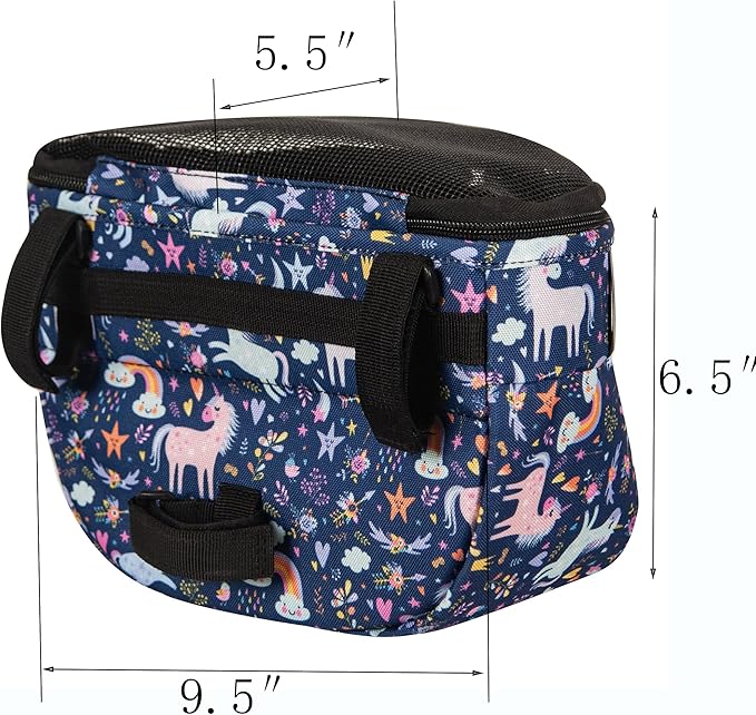 Kids Bike Basket,Durable Front Frame Bicycle & Scooter Basket Bag,Waterproof Fabric Bicycle Handlebar Bag for Boys, Girls, Toddlers with Zipper Mesh Lip (Unicorn)