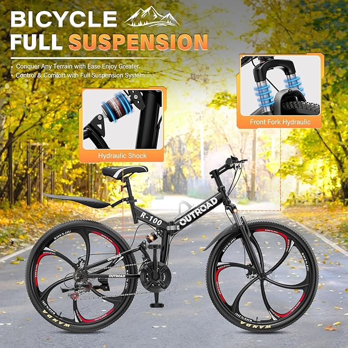26 inch Folding Mountain Bike, Carbon Steel Frame and 21 Speed, Double Disc Brake and Dual Suspension Folding Bike for Adults/Men/Women, Easy Assembly Bicycle(Black/Green/Orange)