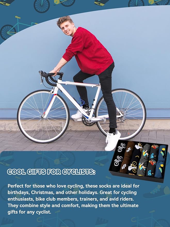 Eurzom 6 Pairs Funny Bike Socks for Men Novelty Cycling Cotton Casual Socks Birthday Holiday Gift for Outdoor Biking Lover
