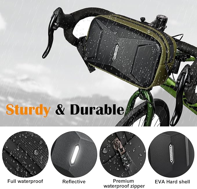 Bike Handlebar Bag, EVA Waterproof Bike Front Bag, 3.2L Bicycle Frame Storage Bag Waist Shoulder Bag, Bike Pouch for Road Mountain Bicycle Cycling Travel Hiking(Green)