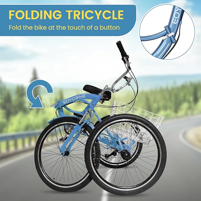 NAIZEA Folding Adult Tricycle - 7 Speed 20/24/26 Inch Folding Tricycle for Adult, 3 Wheel Bike, Foldable Trike with Large Basket/Low-Step Through for Men Women Senior