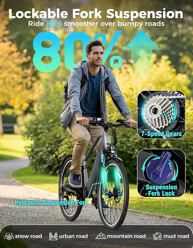 Jasion 26" Electric Bike for Adults, Internal Removable Battery Ebike with 3 Modes & 7-Speed, UL2849 Certified, 1200W Peak Motor, Max 28Mph & 50Miles, Shock Absorber, Electric City Commuter Bicycle