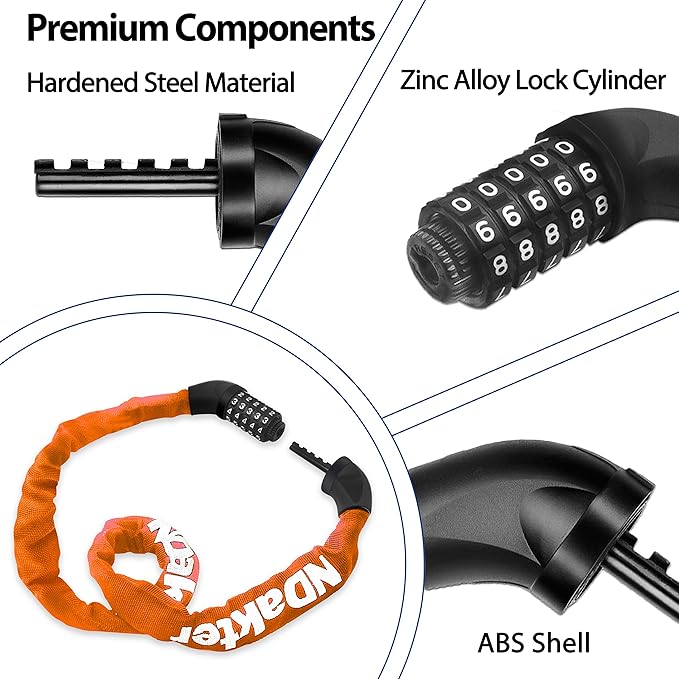 NDakter Bike Lock, 5 Digit Combination Heavy Duty Anti Theft Bicycle Chain Lock, 2.62/3.2/4.27/5/6Ft Long, High Security Resettable, Suitable for Bike, Scooter, Door, Gate, Fence-4/6mm Thick