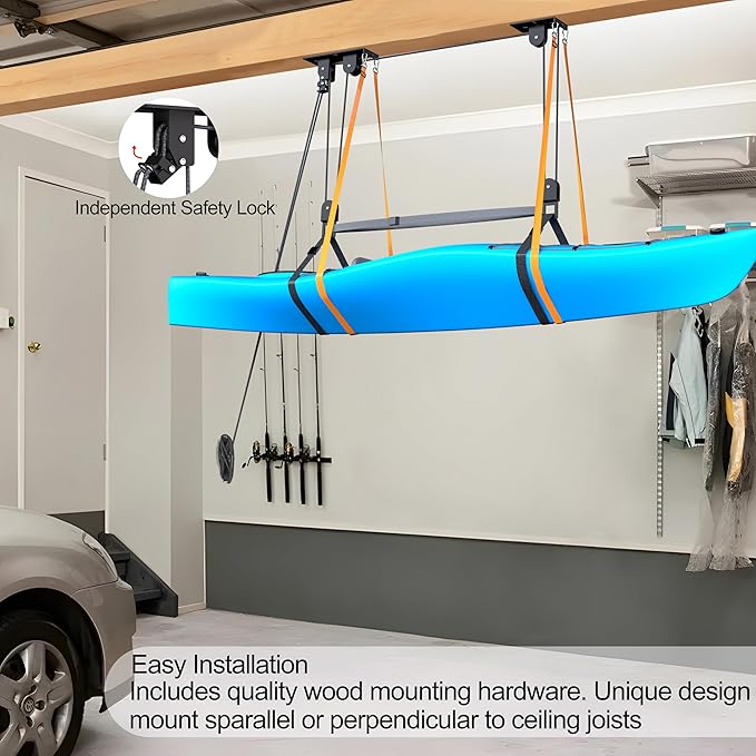 Kayak Hoist, Heavy Duty Kayak Pulley System for Garage Ceiling, Hold Up to 150 lbs Capacity, Canoe Garage Lift Storage System, Fit 10-18 Foot Ceilings, Black