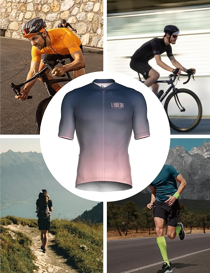 LAMEDA Mens Cycling Jersey Short Sleeve Biking Shirt with 3 Rear Pockets Moisture Wicking Breathable Quick Dry Bicycle Jersey