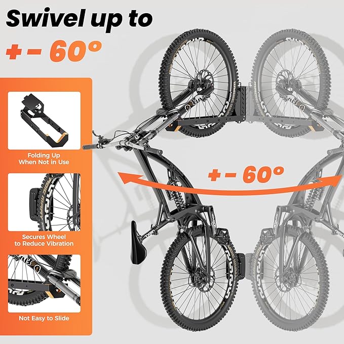2 Pack Bike Wall Mount, Swivel Vertical No-Lift Bicycle Rack for Garage & Apartment Storage, 4 Sizes Adjustable Bike Wall Hanger Holds 77lbs, eBike MTB Road Bike Space-Saving Organizer