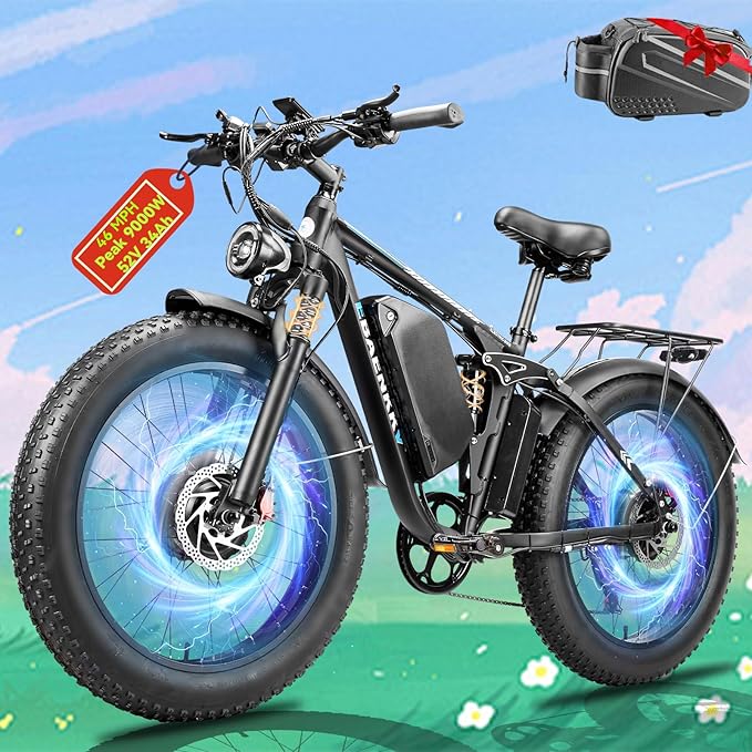 9000W Peak Dual Motor Electric Bike for Adults 46MPH,100Miles Long Range Ebike,7 Speeds,52V 34Ah Removable Battery,Full Suspension 24" Fat Tire E Bike for Mountain Off-Road Commuter Snow