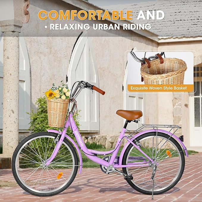 Outroad Comfort Bike for Women, 24/26 Inch Commuter Bicycle for Adult Men and Women, High-Carbon Steel Comfortable City Bikes with Rear Rack or Basket