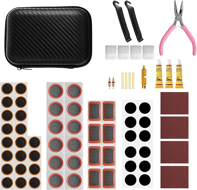 74 Pcs Bike Tire Repair Kit,Portable Bicycle Tire Patch Kit,Premium Tool Kit with Valve Core Wrench,Needle-nose Pliers,Suitable for Mountain and Road Bike