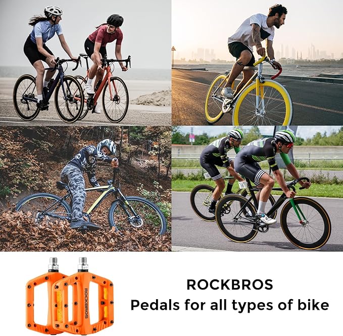 ROCKBROS Mountain Bike Pedals Bicycle Nylon Pedals 9/16 Inch Sealed Bearing Lightweight Platform for Road Mountain BMX MTB Bike