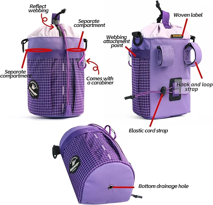 Rhinowalk 2.5L Bike Handlebar Bag for Water Bottle, Compact Cylinder Handlebar Storage with Shoulder Strap, Fits Folding Bikes and City Bicycles like Brompton (Lavender Purple)
