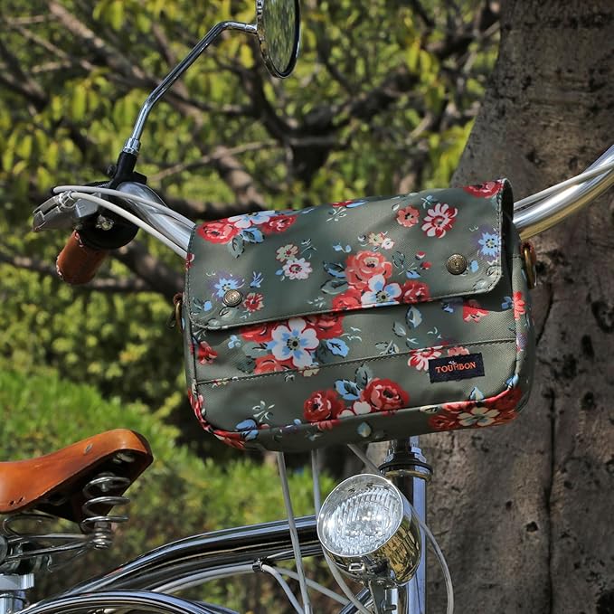TOURBON Bike Bag Waxed Canvas Bicycle Handlebar Bag Zipper Closure Pouch Crossbar Front Frame Basket Cycling Saddebag Under Seat Strap-on Rear Rack Pannier (Green with Flower)