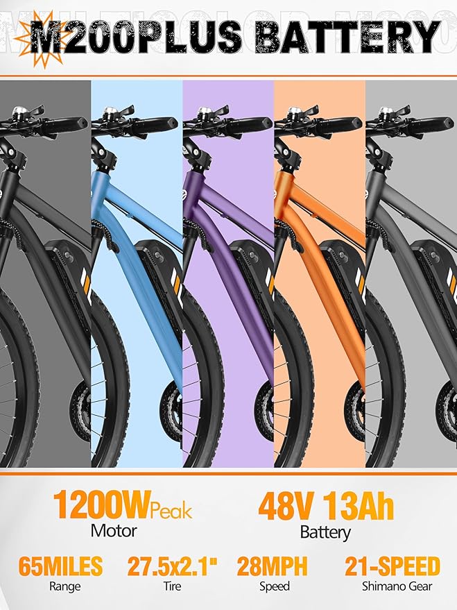 M200 Electric Bike for Adults – 21-Speed Gear 27.5" Mountain E-Bike, 1200W Peak Brushless Motor 28MPH, 48V 10.4Ah&13Ah Removable Battery, Up to 55-65 Miles Range, Step Over Commuter E-MTB, NFC Unlock